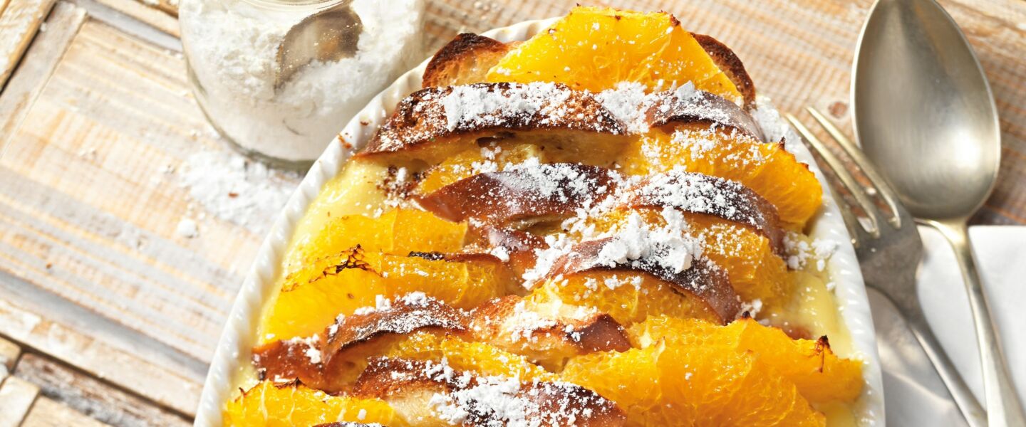Ölz Butter Zopf als Scheiterhaufen mit Orangen