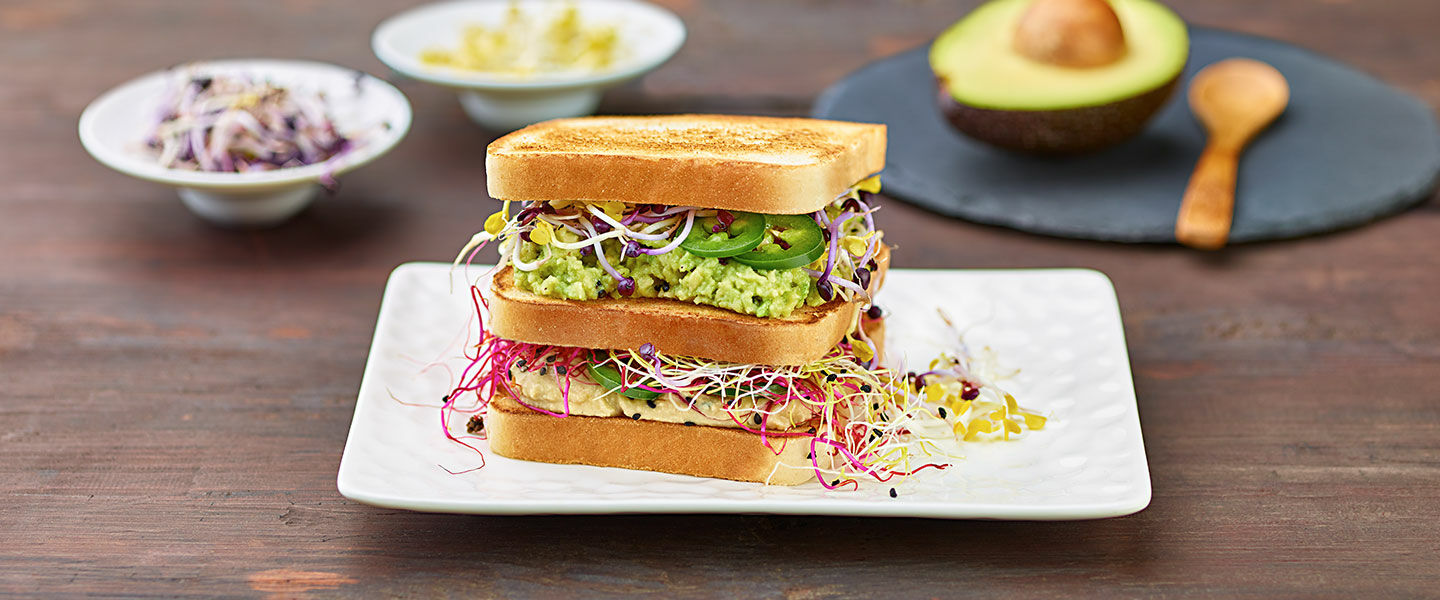 Ölz Sandwich Toast mit Avocado-Hummus, Sprossenvielfalt, gepopptem Amaranth, Koriander und Jalapenos