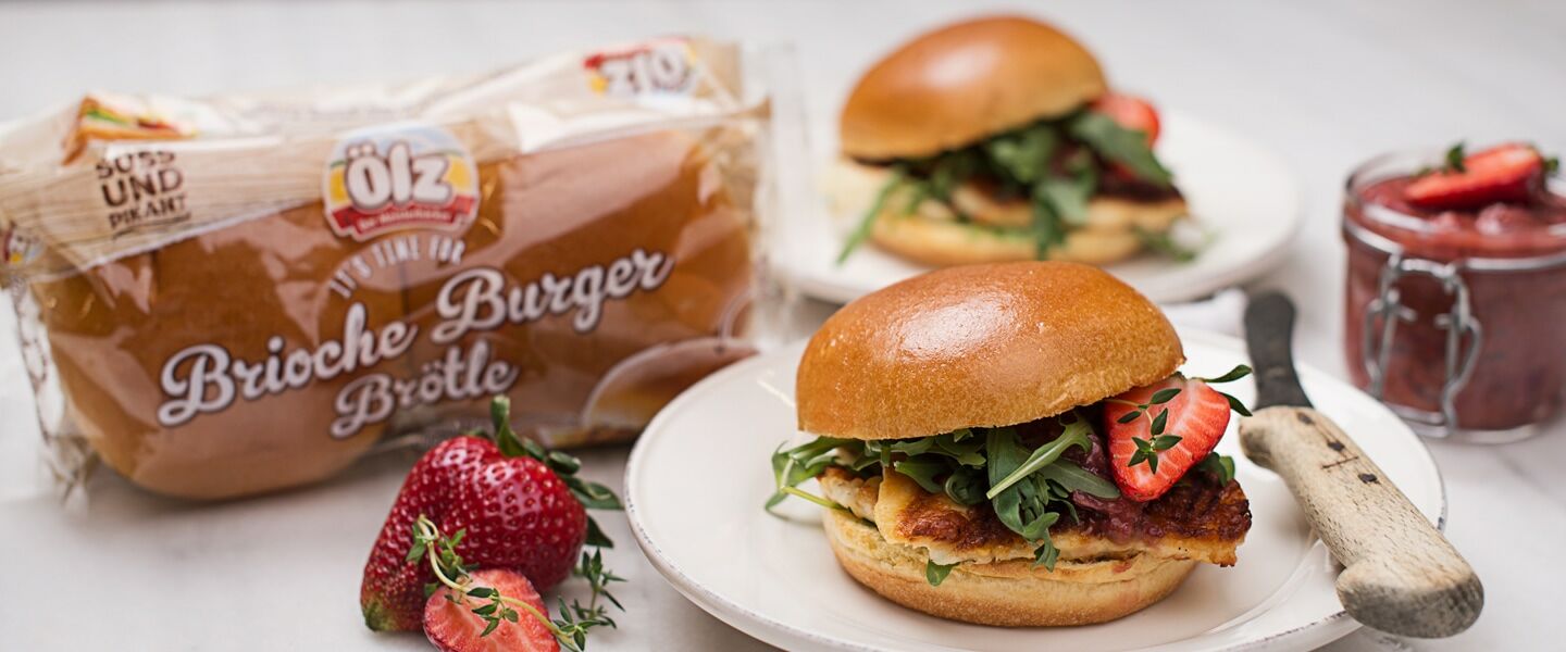 Ölz Brioche Burger Brötle mit Halloumi und Erdbeer Chutney