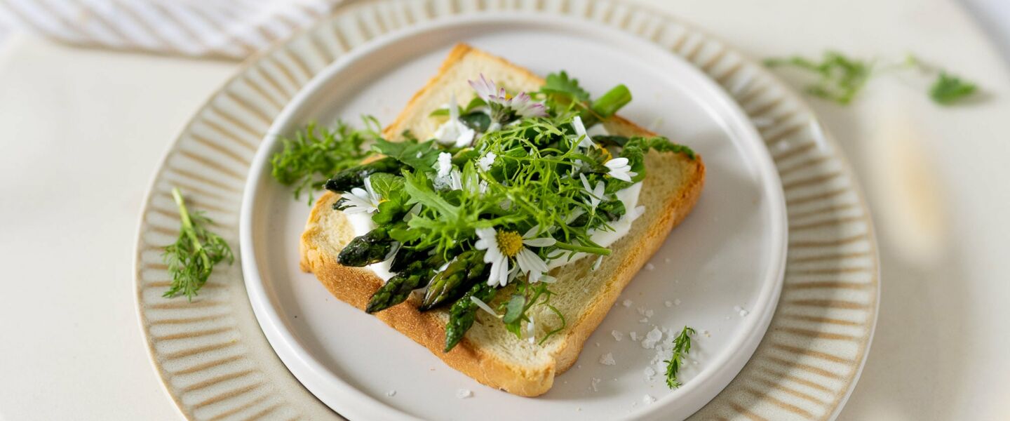 Ölz Butter Toast Wildkräutertopfen -Spargelspitzen