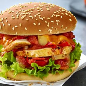 Ölz Maxi Burger Brötle mit Tandoori Huhn, Cheddar Käse, gegrillte Ananas, Romanasalat & Jalapenos Ölz Maxi Burger Brötle mit Tandoori Huhn, Cheddar Käse, gegrillte Ananas, Romanasalat & Jalapenos