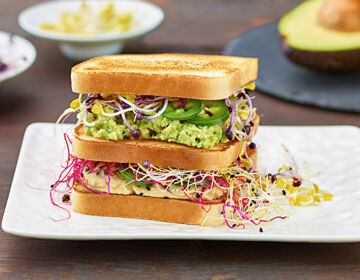 Ölz Sandwich Toast mit Avocado-Hummus, Sprossenvielfalt, gepopptem Amaranth, Koriander und Jalapenos