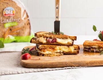 Ölz Landbrot Dinkel Rezept mit Grilled Cheese & karamellisierten Zwiebeln